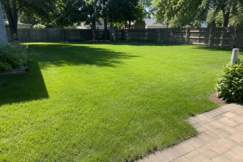 Well-maintained healthy backyard lawn kept up under a First Class Property Services monthly care plan