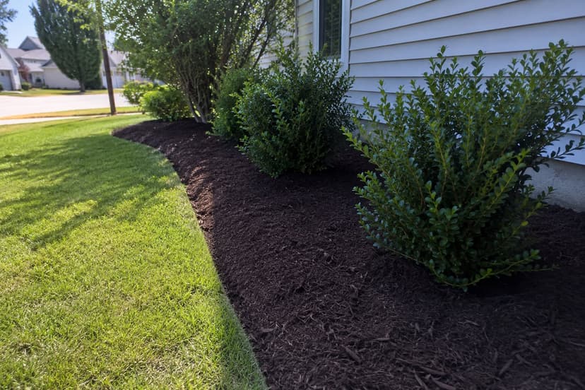 Freshly mulched landscape bed with clean edges along a house foundation by First Class Property Services