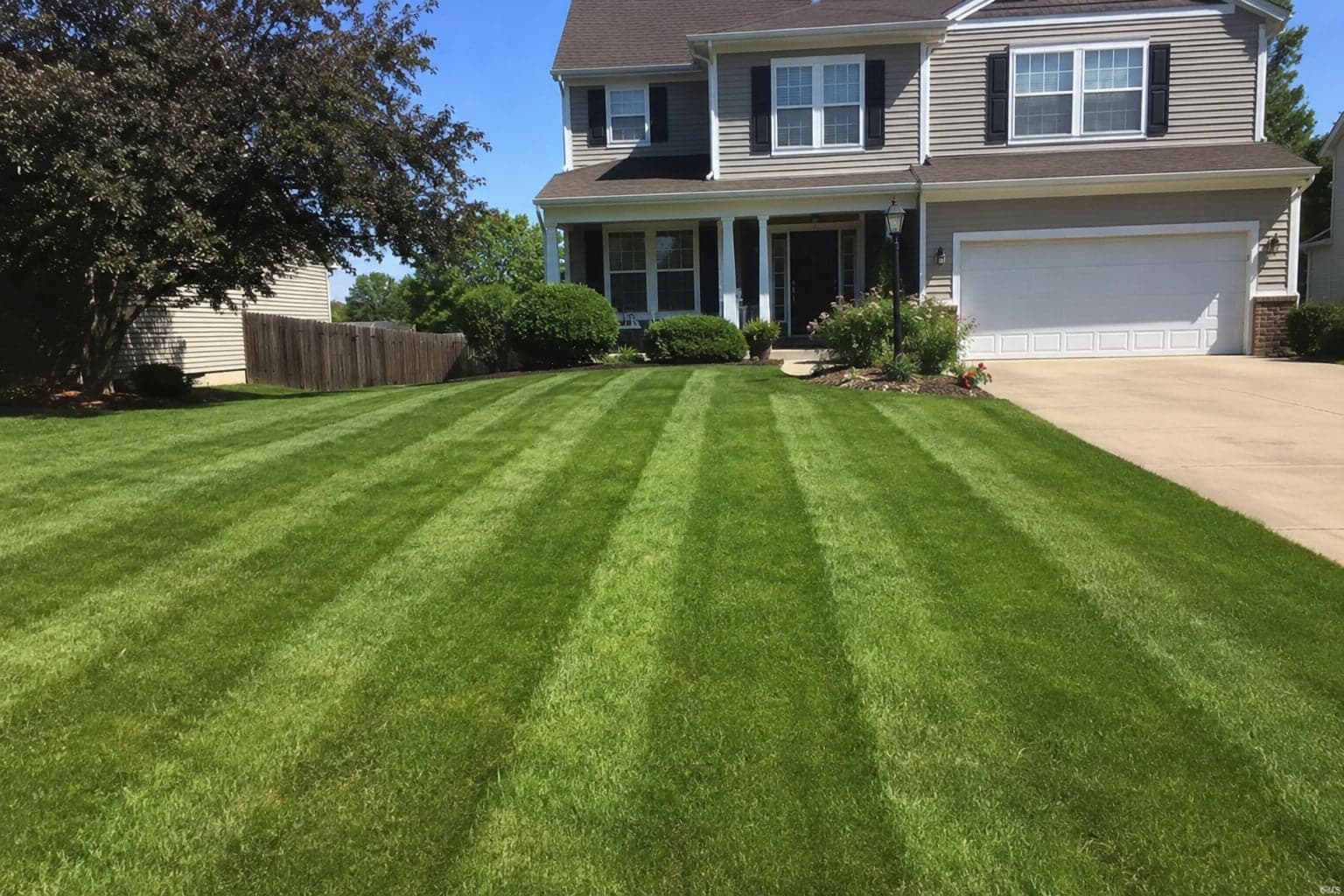 A freshly mowed front lawn with crisp mower stripes maintained by First Class Property Services