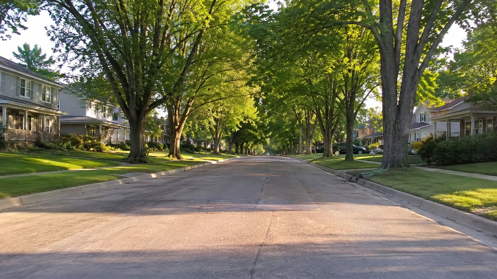 A tree-lined residential street in the Kansas City metro area